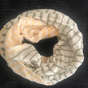 Infinity scarf, cream, yellow, and green